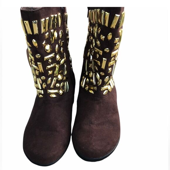 Joan Boyce Women’s Ankle Brown Gold Bedazzled Boots Size 7 Cognac Suede - Picture 13 of 13